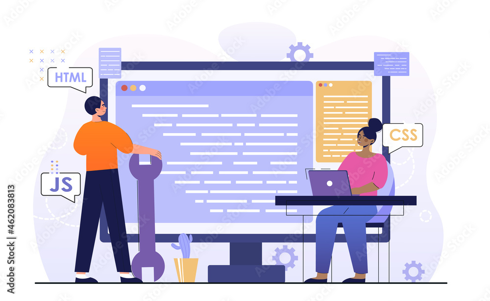 Poster software development concept. programmers create website or application on laptop. man and woman wor