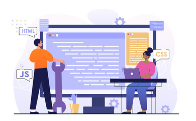 Software development concept. Programmers create website or application on laptop. Man and woman work with programming languages. Cartoon flat vector illustration isolated on white background