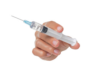 Female hand hold a syringe isolated on white background.