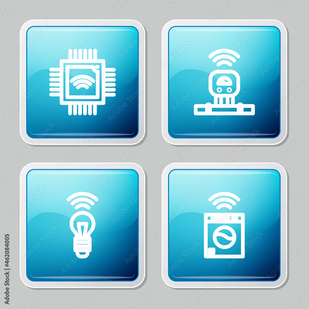 Poster set line processor with microcircuits cpu, smart sensor, light bulb and washer icon. vector