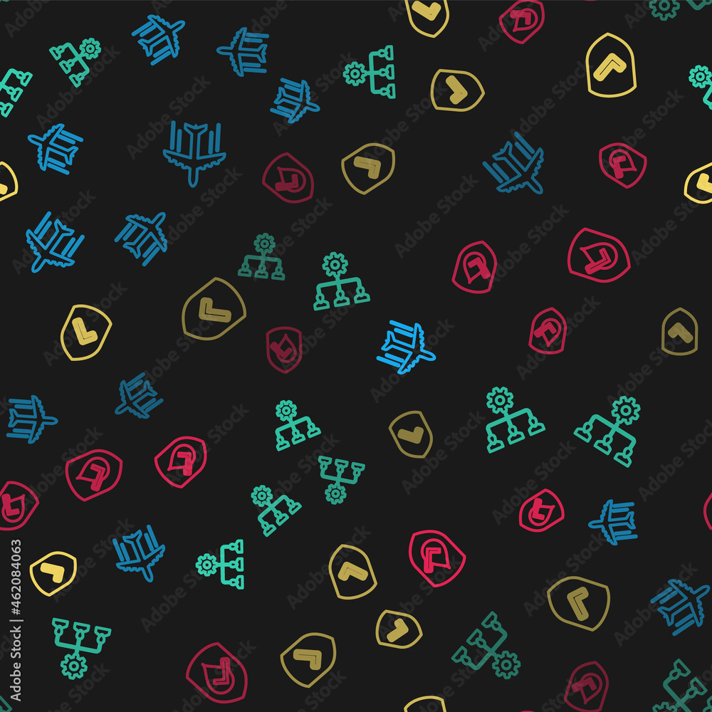 Poster set line plane, lead management, shield with check mark and waterproof on seamless pattern. vector