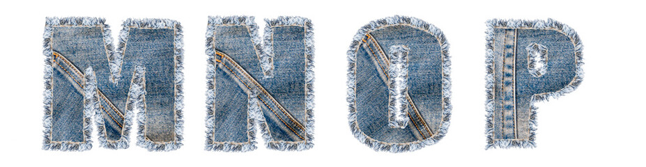 Letters M, N, O, P from jeans on a white background
