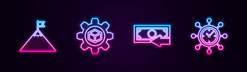 Set line Mountains and flag, Product development, Cash back and Clock gear. Glowing neon icon. Vector
