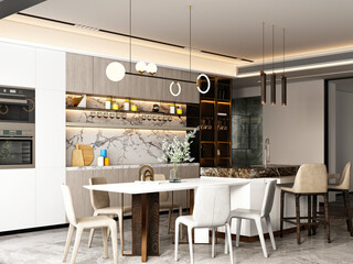 3d render of home kitchen dining room
