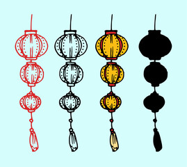 chinese round-shaped lanterns. a set of isolated elements of a Japanese street lamp, composed of several balls of red and yellow, an isolated black and red outline and a silhouette on a blue backgroun