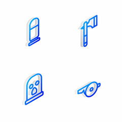 Set Isometric line Wooden axe, Bullet, Balaclava and Whistle icon. Vector