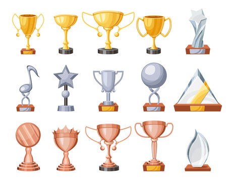 Set of Trophy Cups, Bronze, Silver, Golden and Glass Winner Goblet for First Place Celebration, Champion Award Elements