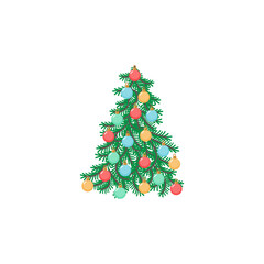 Christmas tree with baubles for greeting design. New Year festive traditional symbol tree. Winter holiday.