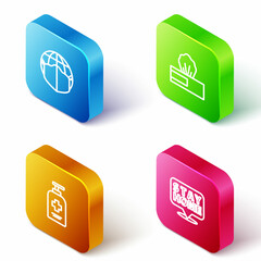 Set Isometric line Earth with medical mask, Wet wipe pack, Liquid antibacterial soap and Stay home icon. Vector