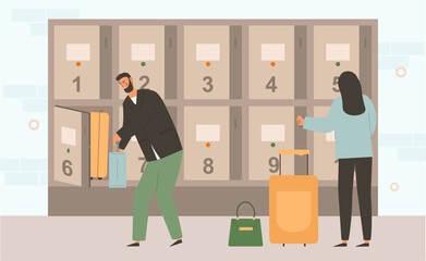 Baggage Storage concept. Man and woman put their suitcases in special storage cells with individual key. Shelves for storage at airport. Cartoon flat vector illustration isolated on white background