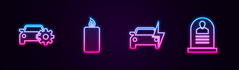 Set line Car service, Burning candle, Electric car and Tombstone with RIP written. Glowing neon icon. Vector
