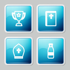 Set line Trophy cup, Holy bible book, Pope hat and Glass bottle milk and cap icon. Vector