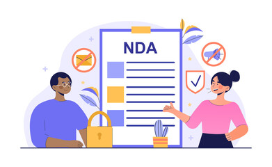 NDA contract concept. Man and woman sign non disclosure agreement, Employees observe confidentiality. Proprietary information document. Cartoon flat vector illustration isolated on white background