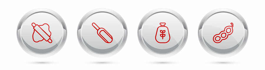 Set line Rolling pin on dough, Scoop flour, Bag of and Green peas. Silver circle button. Vector