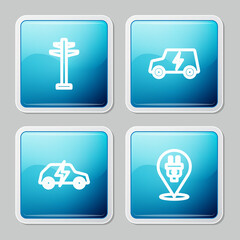 Set line Electric tower, car, and plug icon. Vector