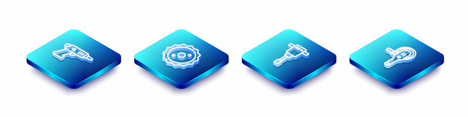 Set Isometric line Electric cordless screwdriver, Circular saw blade, Construction jackhammer and Angle grinder icon. Vector