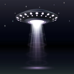 Alien spaceship, ufo with blue light beam. Futuristic flying saucer, unidentified round rocket © Iryna Petrenko