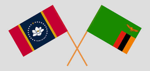 Crossed flags of the State of Mississippi and the Republic of Zambia. Official colors. Correct proportion