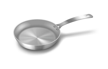 Stainless frying pan kitchenware, top view. Chrome frying pan with metal handle and non-stick cover