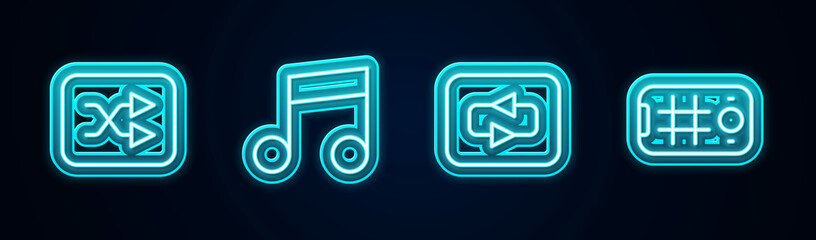 Set line Arrow shuffle, Music note, tone, Repeat button and Selfie mobile. Glowing neon icon. Vector
