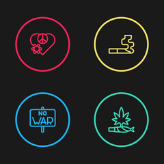 Set line No war, Marijuana joint, spliff, Cigarette and Love peace icon. Vector