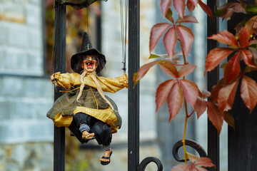 a scary witch doll on a wrought-iron lattice among autumn plants