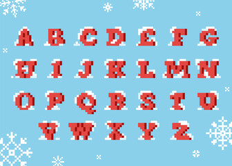 Pixel art Christmas snowy uppercase alphabet font. 8 bit style retro type for merry Christmas and happy new year decoration. Vector red vintage font covered with snow. Isolated letters
