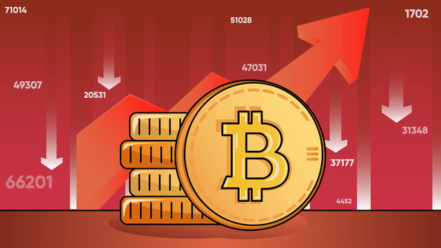 Bitcoin sharp decline illustration background. Cartoon backdrop illustration for web new and posts about crypto bitcoin, price falling correction and bear market. Red arrow and stack of coins.