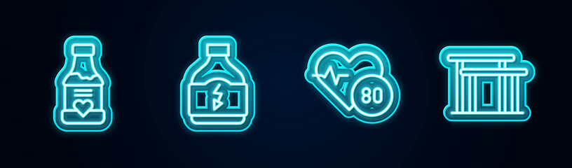 Set line Vitamins, Sports nutrition, Heart rate and Uneven bars. Glowing neon icon. Vector