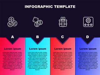 Set line Casino chip with dollar, Game dice, Gift box and Online poker table game. Business infographic template. Vector
