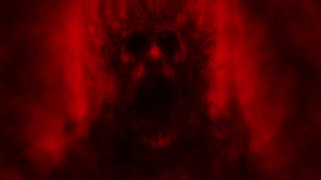 Scary monk's darkness. Between good and evil. Complete dark soul. Enlightenment and defilement. Spooky 2d animation. Horror fantasy devilish character. Creepy hell visions. Black and red background. 