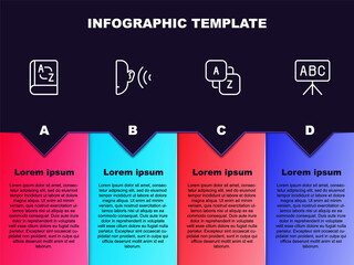 Set line Translator book, Ear listen sound signal, Vocabulary and Chalkboard. Business infographic template. Vector
