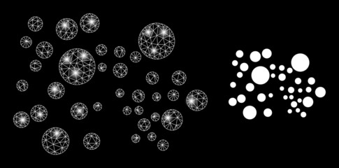 Bright mesh vector bubble cluster with glare effect. White mesh, bright spots on a black background with bubble cluster icon. Mesh and lightspot elements are placed on different layers.