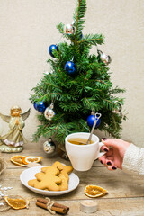 Obraz na płótnie Canvas Woman holding cup of tea coffee in hand with ginger cookies against little decorated Christmas tree with balls, lights, festive decor. xmas, new year decorations. winter home holiday concept