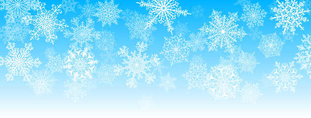 Illustration of big white complex Christmas snowflakes on light blue background