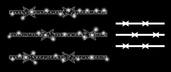 Bright mesh vector barbed wire fence with glare effect. White mesh, light spots on a black background with barbed wire fence icon. Mesh and glare elements are placed on different layers.