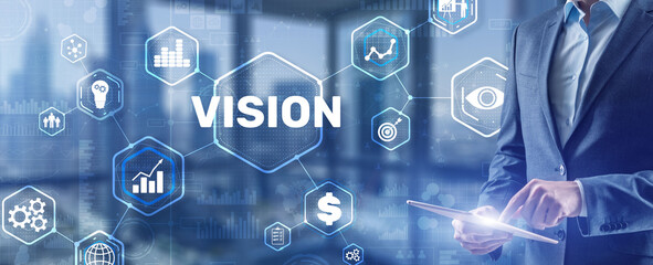 Vision. Business people and modern city on background. Virtual screen
