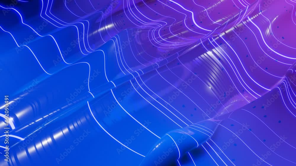 Poster abstract 3d surface with beautiful waves, luminous sparkles and bright color gradient blue purple an