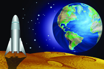 Spaceship on the Moon, with the Earth on background. Space rocket vector illustration