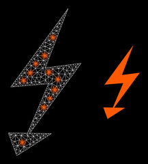 Glamour mesh vector electric arrow with glare effect. White mesh, light spots on a black background with electric arrow icon. Mesh and glare elements are placed on different layers.