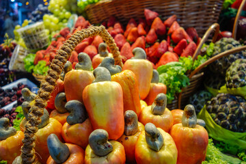 Brazilian colorful fresh tropical fruits, street fair, kiosk