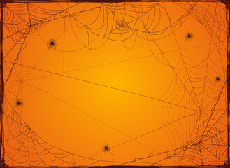 Spiders on Orange Halloween Background with Webs