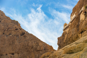 The Monastery of the Temptation and The Mount of Temptation in Jericho, Palestine. Greek Orthodox monastery. Judean desert