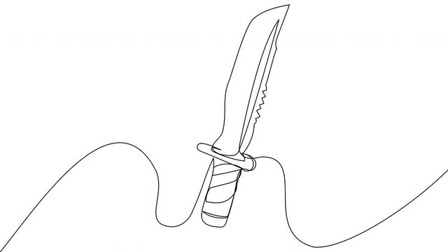 Self-drawing of a hunting knife in one line on a white background. 4k animation of the outline of melee army weapons. A knife in a contour graphic style.