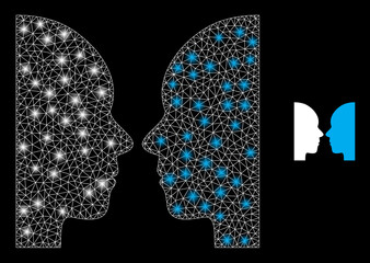 Bright mesh vector dual faces with glare effect. White mesh, flash spots on a black background with dual faces icon. Mesh and glare elements are placed on different layers.