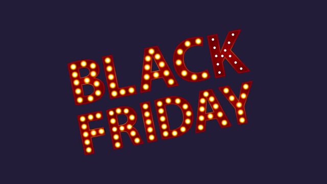 Black friday 4k. Red letters with luminous glowing flicker lightbulbs. Typography words design. Motion graphic video animation
