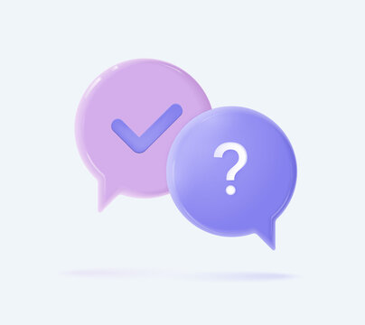 A survey of the reaction of speech bubbles. Cancellation icons, confirmed signs of false rejection or clarification, question. Survey reaction 3d icon. Vector illustration