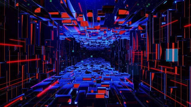 Futurictic technology concept. Dark sci fi looped background. Flight through hi tech digital space or in glass metal tunnel with neon light, blocks. Hi-tech information flow in blockchain or bigdata.