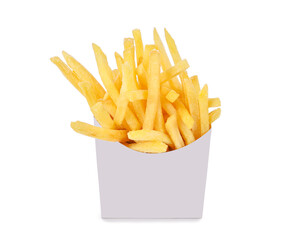 French fries in a white paper box isolated on white background.