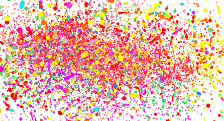 Bright explosion. Multicolored pattern with random falling colored confetti on white background. Texture with glitters for design. Greeting cards. Print for polygraphy, posters, banners and textiles